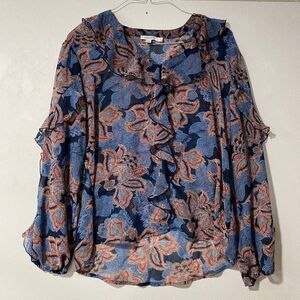 Chico’s Size 2 Blue Floral Ruffle Blouse Long Sleeve Sheer Boho Top Large